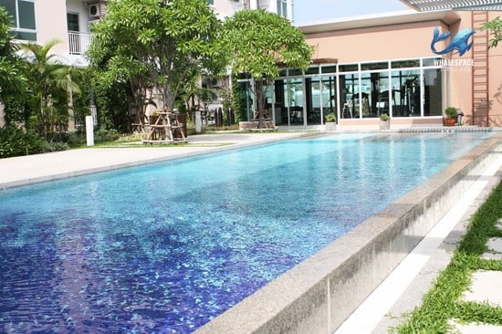 Refreshing swimming pool with clear blue water, lounge chairs, and a separate jacuzzi area, set amidst tropical landscaping.