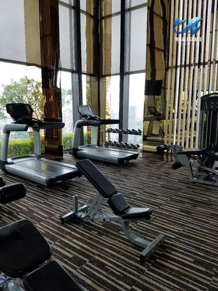 Modern fitness center equipped with treadmills and weight machines, featuring reflective columns and large windows.