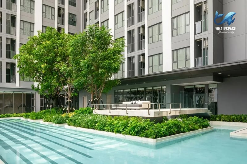 Modern swimming pool area with lounge seating and lush greenery