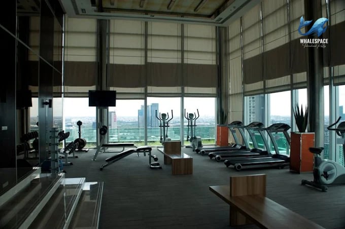 Spacious fitness center featuring cardio equipment and weight training stations with city views