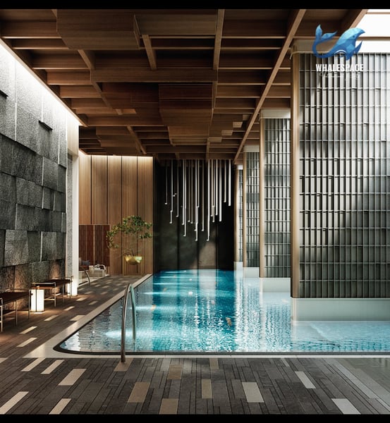 Indoor swimming pool with modern wooden ceiling and textured walls