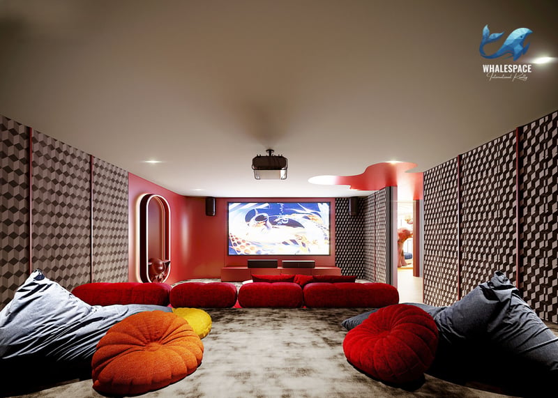 Private cinema room featuring a large projection screen, comfortable bean bag seating, and bold red and geometric wall patterns