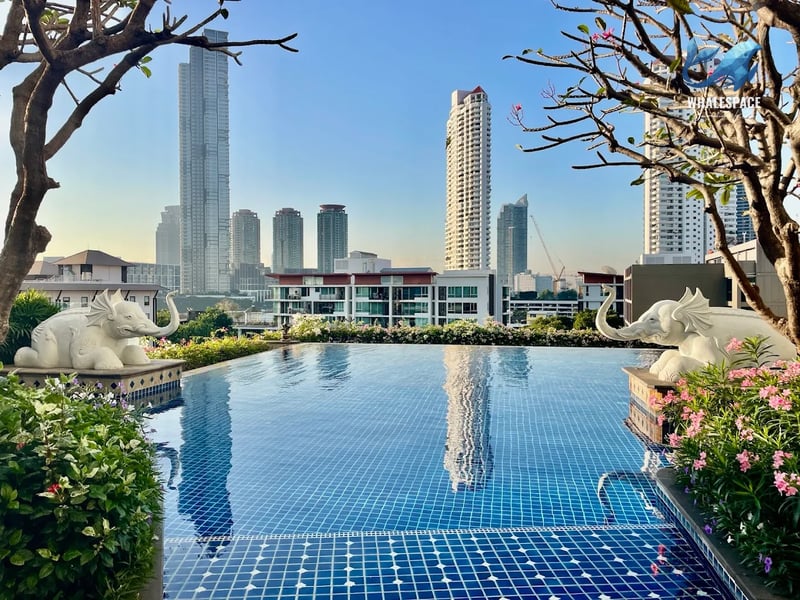 Infinity-edge swimming pool with elephant statues and a city skyline view