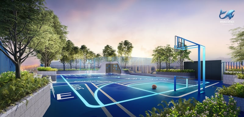 Illuminated outdoor basketball court set amidst lush greenery, perfect for active recreation.