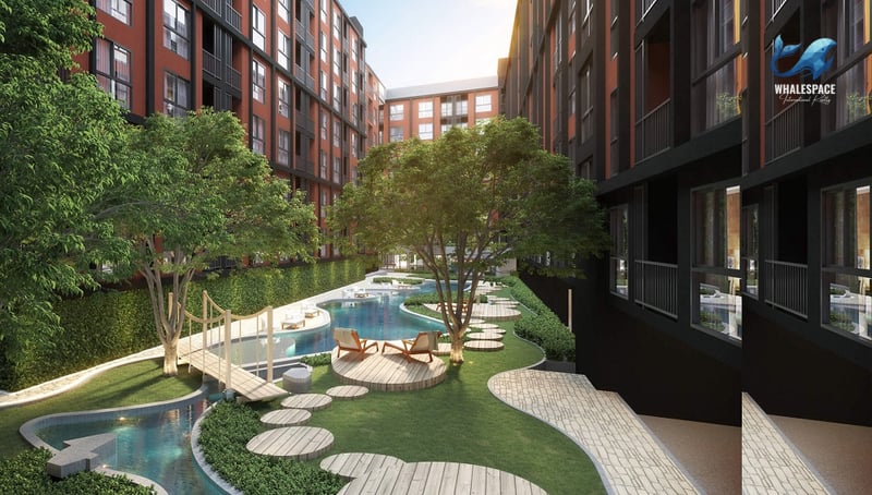 Lush central courtyard with a swimming pool, wooden decks, and pedestrian bridge surrounded by modern residential buildings.