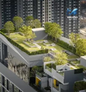Lush green rooftop garden with seating areas and city views
