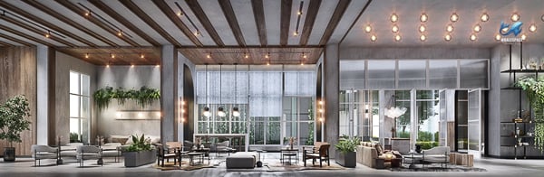 Spacious and modern lobby with comfortable seating areas, natural wood accents, and contemporary lighting.
