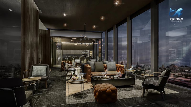Sophisticated lounge bar area with modern seating, dark finishes, and floor-to-ceiling windows offering nighttime city views.