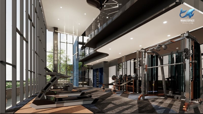 Well-equipped fitness center with treadmills, weight machines, and free weights, offering expansive city views.