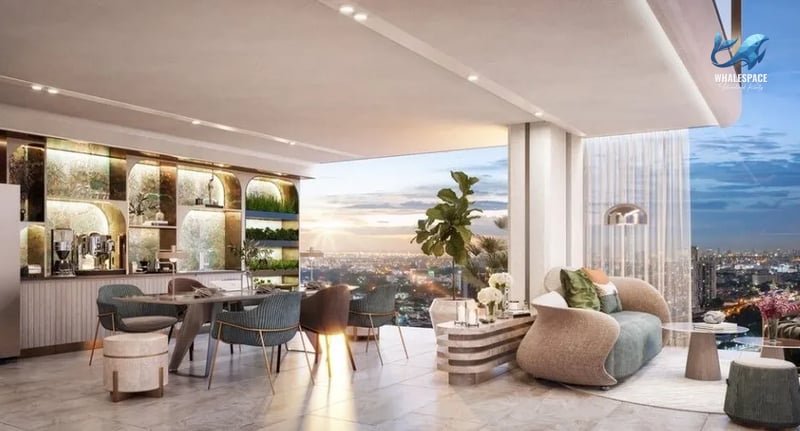 Elegant living and dining space with contemporary furniture and expansive sunset city views