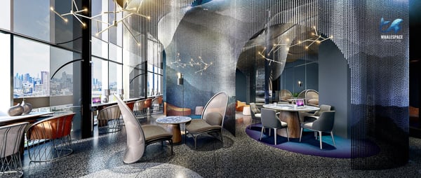 Sophisticated lounge area with diverse seating arrangements, large windows offering city views, and unique ceiling light installations.