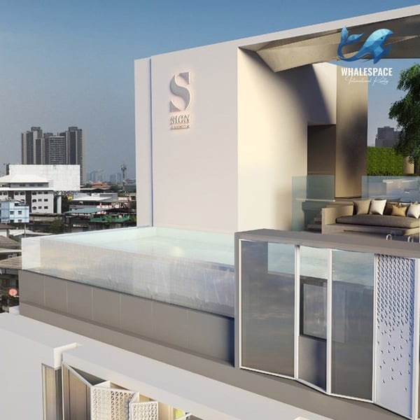 Rooftop lounge area with a pool and seating, showcasing panoramic city vistas
