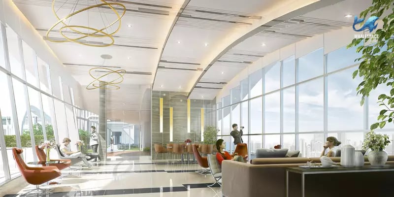 Expansive and stylish residents' lounge featuring high ceilings, contemporary lighting, and panoramic city views through floor-to-ceiling windows.