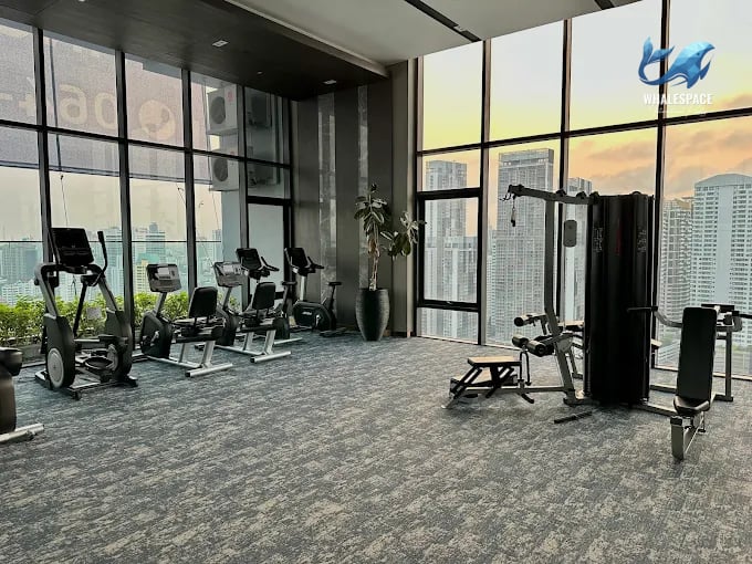 Well-equipped fitness center with cardio machines and weights, featuring city views at sunset.