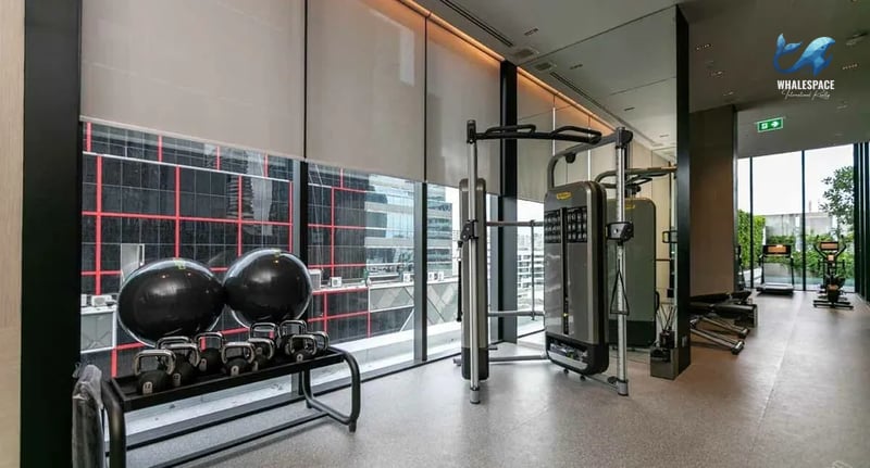 Modern fitness center with a range of exercise equipment, large stability balls, kettlebells, and panoramic city views through floor-to-ceiling windows