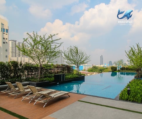 Stunning infinity pool with lounge chairs and lush greenery, offering panoramic city views.