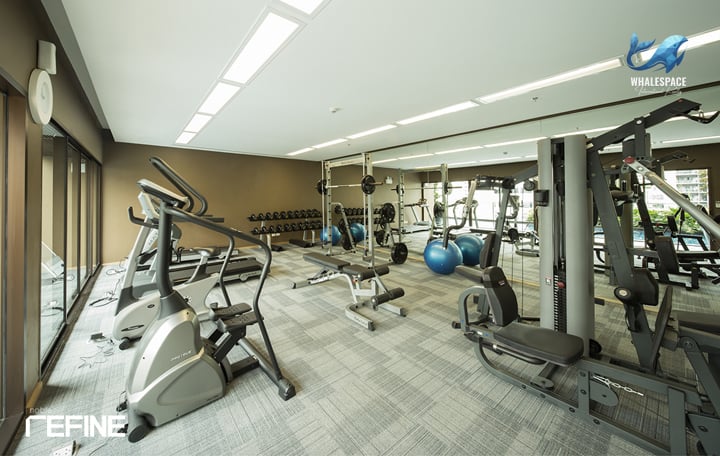 Well-equipped fitness center featuring treadmills, weight machines, and free weights