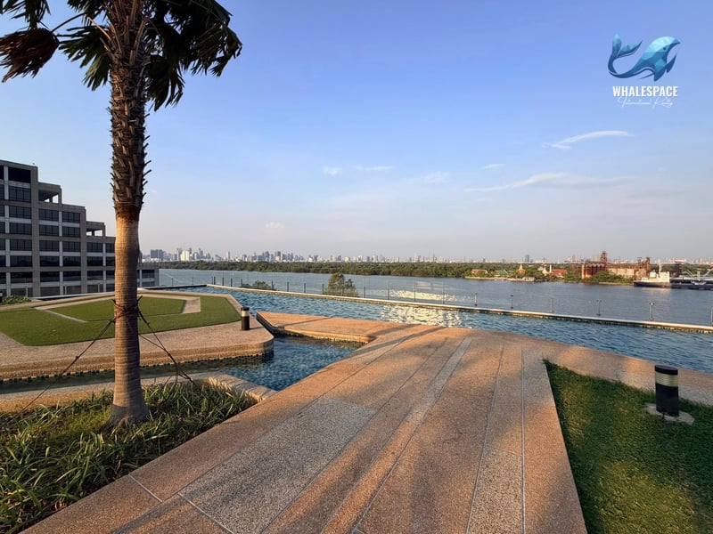 Stunning infinity pool overlooking a city skyline and river, with lush greenery and palm trees