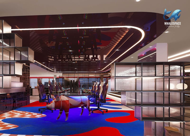 Vibrant multi-purpose room with themed decor, large tables, and ergonomic chairs, suitable for games or co-working