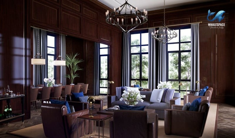 Elegant lounge with dark wood paneling, large windows overlooking greenery, and a mix of leather and upholstered seating