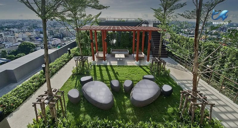 Rooftop garden with seating areas and panoramic city views