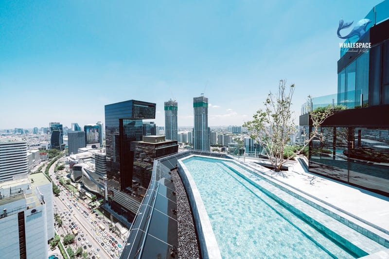Infinity pool with panoramic city views under a clear blue sky