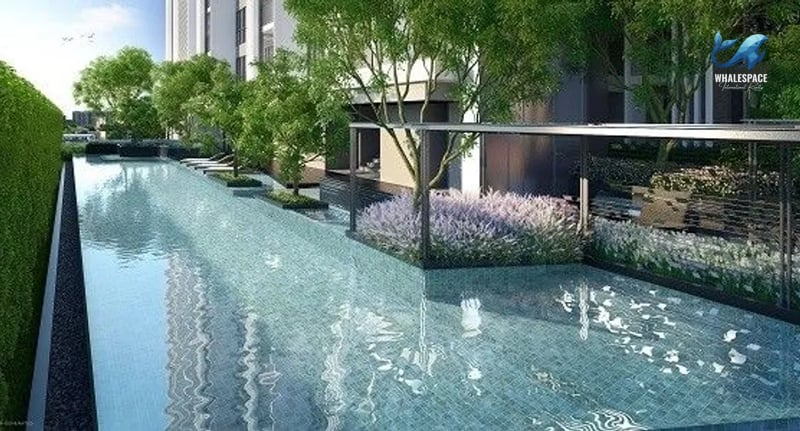 Serene outdoor swimming pool surrounded by lush greenery and modern architecture.