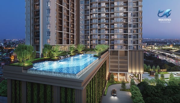 Infinity swimming pool on a high floor offering panoramic city views.