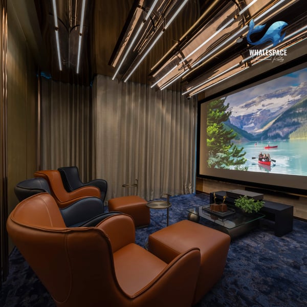 Home theater with plush seating and a large projection screen