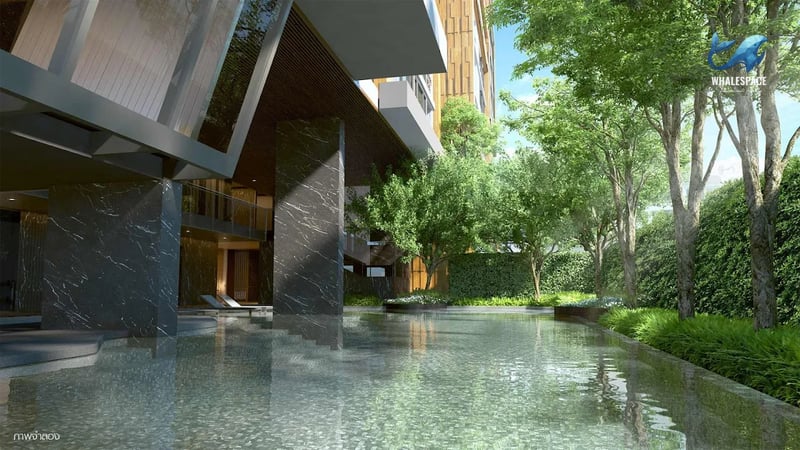 Serene swimming pool area surrounded by tropical landscaping and modern architecture.