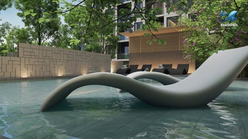 Serene swimming pool area with contemporary lounge chairs and ambient lighting.