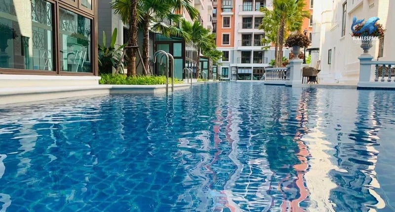 Clear blue swimming pool framed by elegant buildings and tropical palm trees.