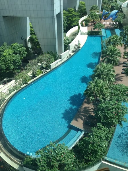 Serene swimming pool with lush greenery and lounge areas.