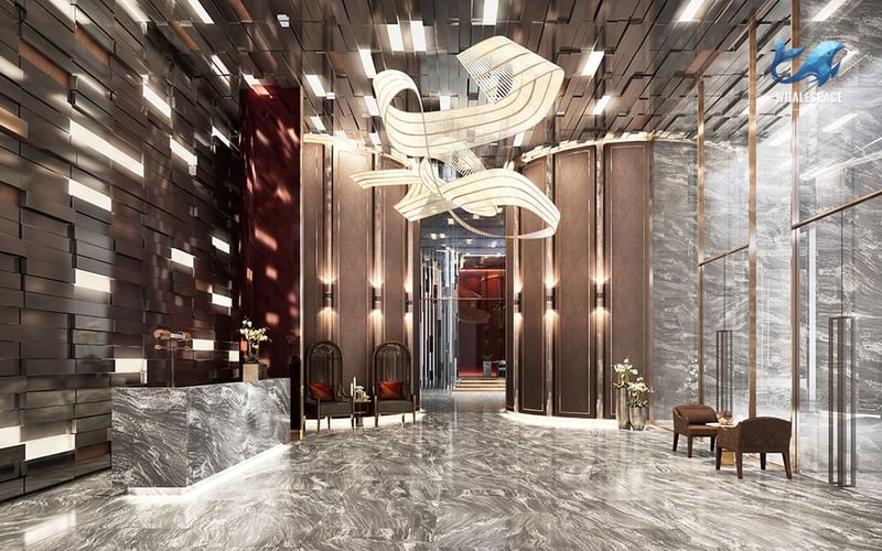 Luxurious lobby featuring a striking marble reception desk and contemporary art installations.