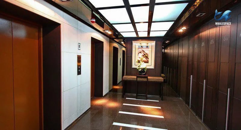 Well-lit corridor with modern elevators and decorative elements, leading to private areas.