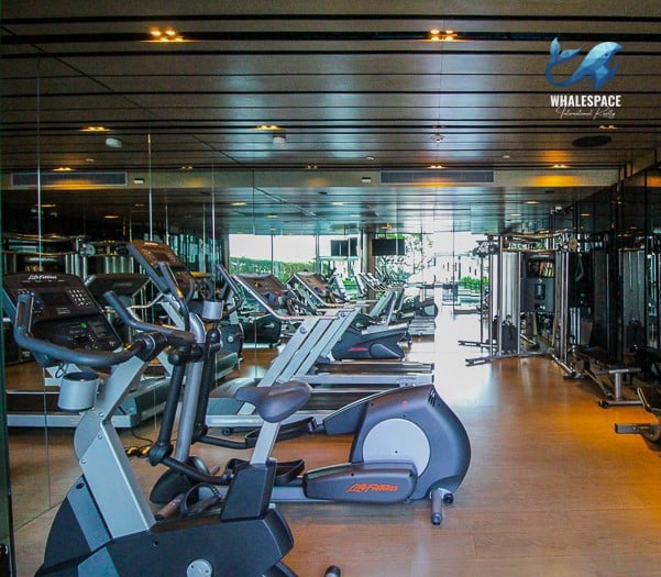 Well-equipped fitness center with various cardio and weight machines overlooking a green outdoor area