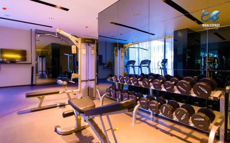 Modern fitness center equipped with free weights, benches, and cardio machines, featuring reflective walls and accent lighting.