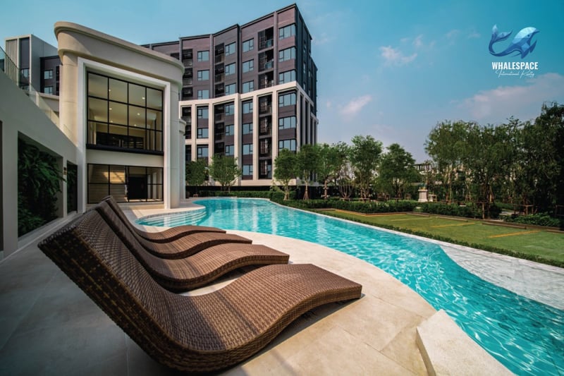 Expansive outdoor swimming pool with sun loungers, set against the backdrop of the modern residential building and manicured green spaces.