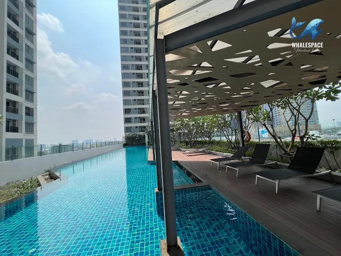 Stunning infinity pool with lounge chairs and city views