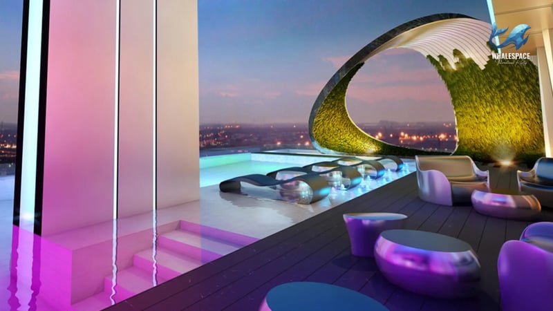 Striking rooftop pool and lounge area with modern furniture, illuminated by vibrant purple and pink lights, offering panoramic city views at dusk.