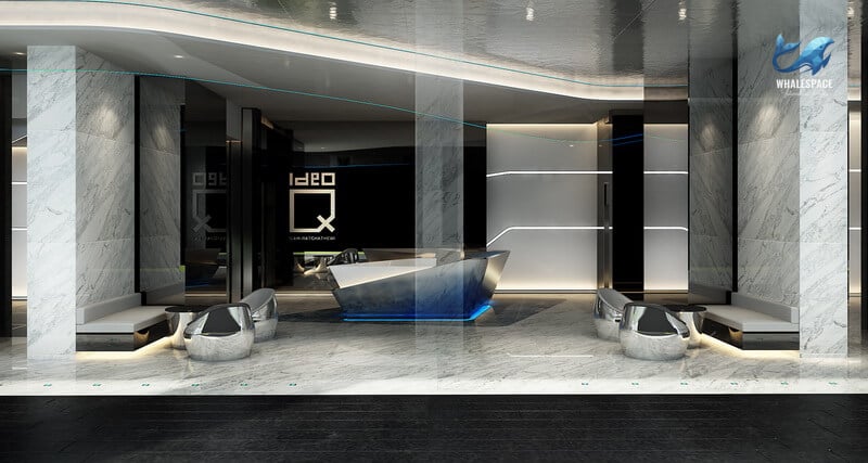 Grand lobby featuring a futuristic, illuminated reception desk, polished white marble floors, and sleek black and mirrored accents.