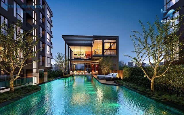 Elegant evening view of the outdoor swimming pool surrounded by landscaped gardens and modern buildings