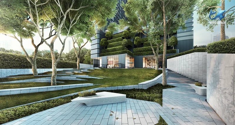 Tiered green garden with mature trees and sleek stone benches, leading to building entrances.
