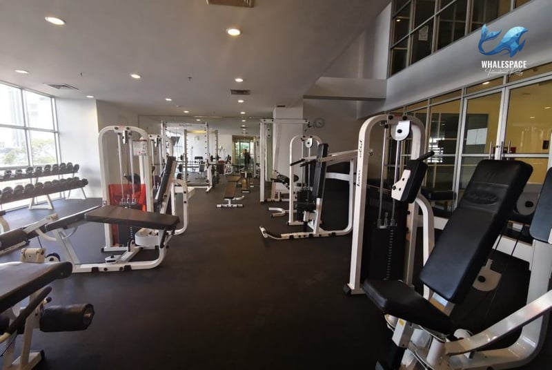 Well-equipped fitness center with a variety of weight machines and dumbbells.