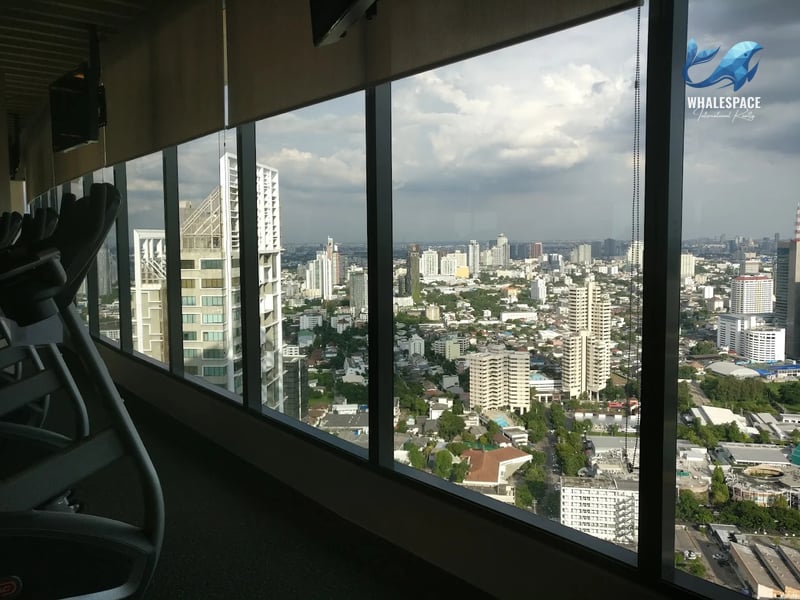 Fitness center with modern exercise equipment, featuring expansive floor-to-ceiling windows overlooking the city.
