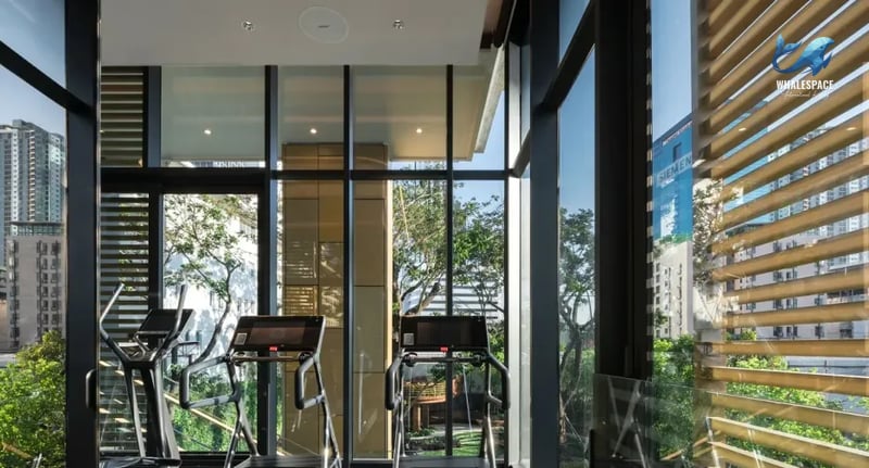Modern fitness center with elliptical machines, treadmills, and floor-to-ceiling windows offering green views.