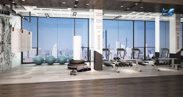 Modern fitness center with a range of equipment and expansive city skyline views