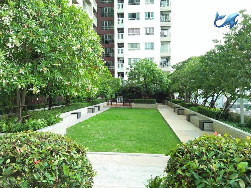 A well-maintained green lawn area with seating benches and lush trees.