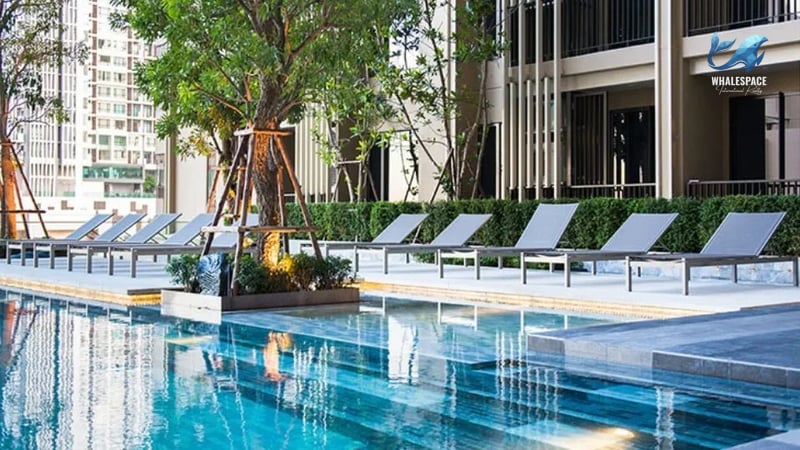 Inviting outdoor swimming pool lined with comfortable lounge chairs amidst lush greenery and modern building architecture.