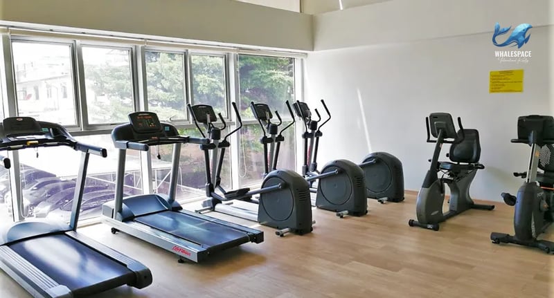 Fully equipped fitness center with treadmills, ellipticals, and stationary bikes.